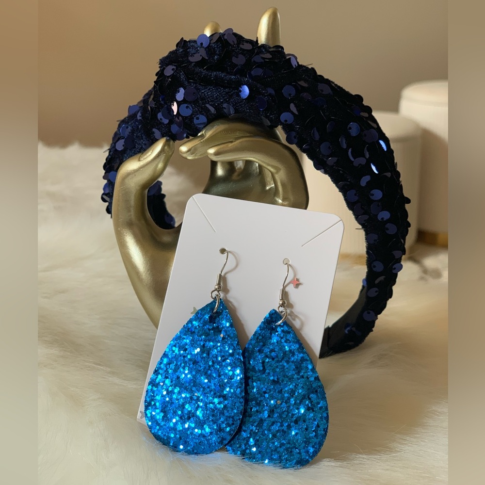 Navy Blue Sequin Headband and Glitter Earrings Set